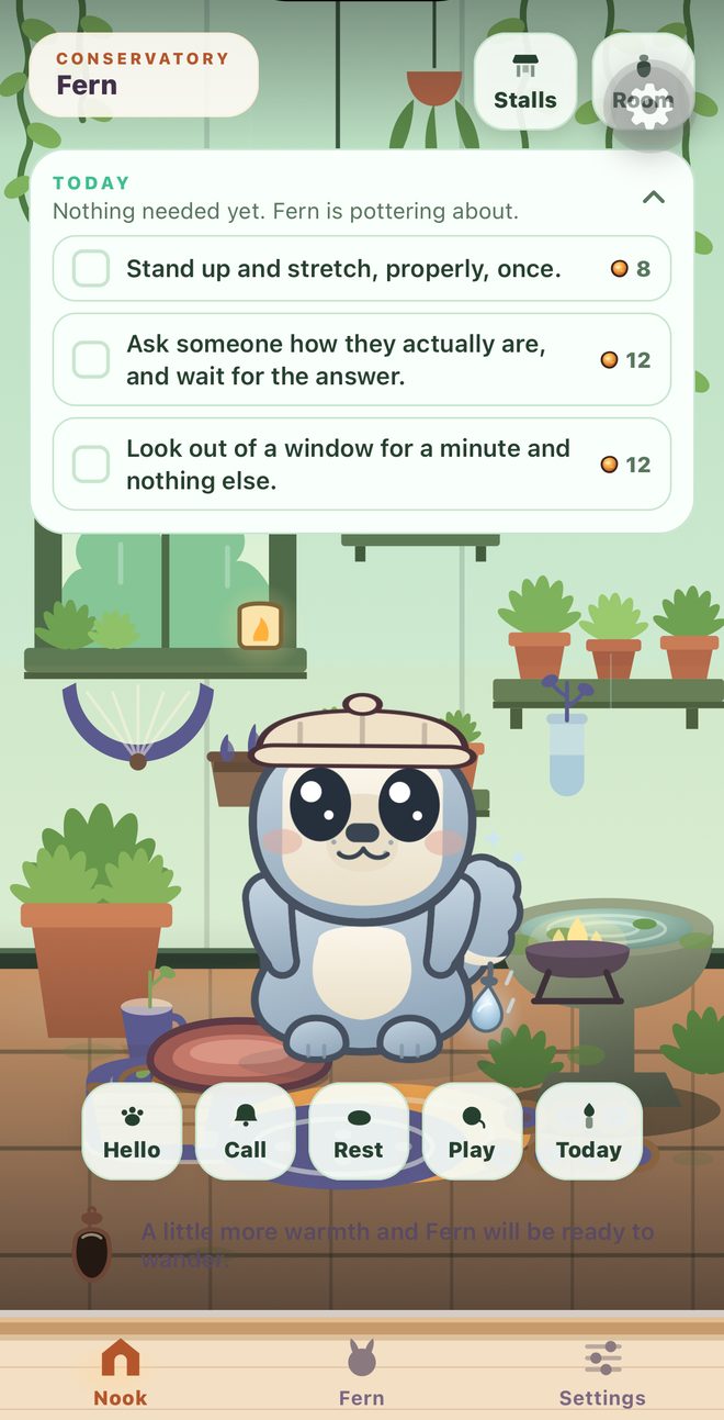 The Conservatory in the app: Fern the Poffle among potted plants, vines, and a water basin