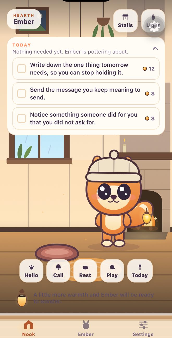The Nook in the app: Ember the Mipkin standing by a lit fireplace in the Hearth, with today's three small things listed above