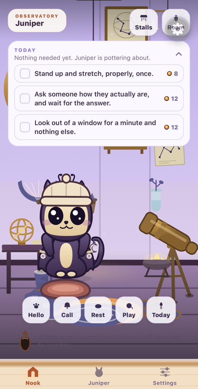 The Observatory in the app: Juniper the Kittibug beside a telescope and an orrery under a dusk sky