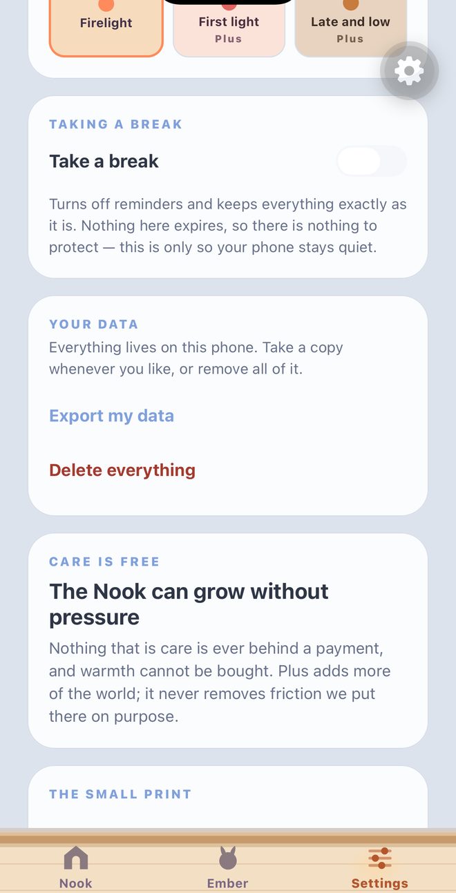 Settings in the app: the Take a break switch with its promise that nothing expires, and Your Data with export and delete