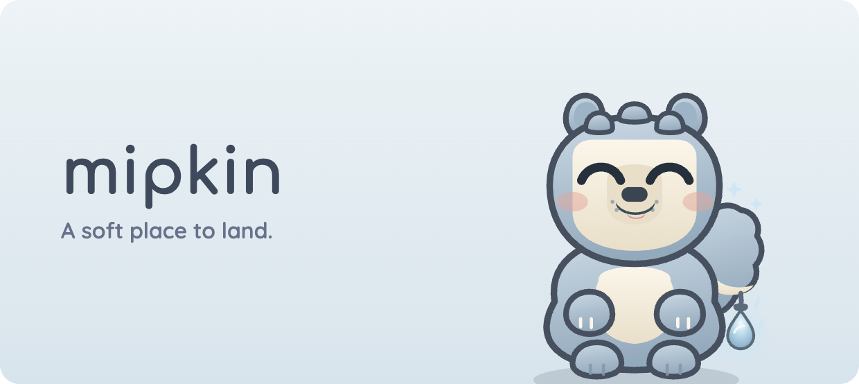 Mipkin: a soft place to land. Poffle, the generic Mipkin used as the brand mark, sits beside the wordmark.